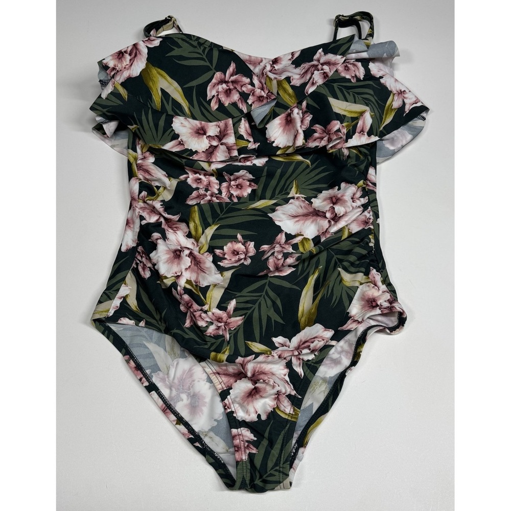Kona Sol Women's Bandeau Flounce One Piece Swimsuit  Size S Tropical